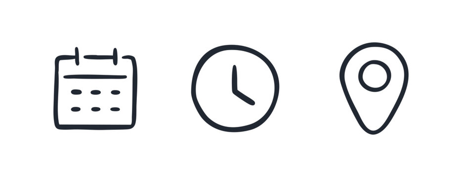 Date, time and location hand drawn doodle set vector illustration.