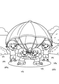 Children Playing Together Under Large Parachute Toy Outdoors.