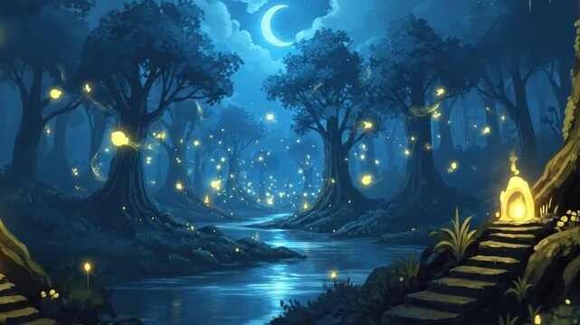 Enchanted Forest at Night with Glowing Lights and Mystical River Under Crescent Moon.