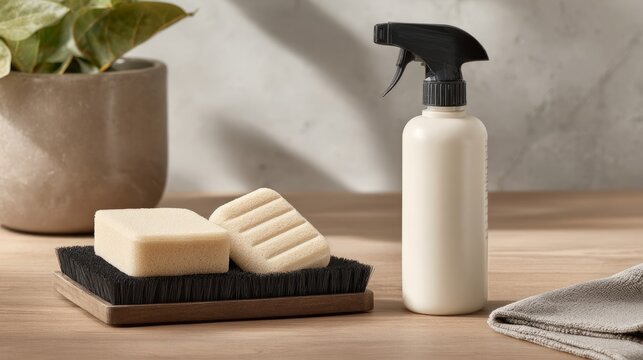 Floor cleaning refill tray with mop pads, spray bottle, and microfiber cloth on wooden surface