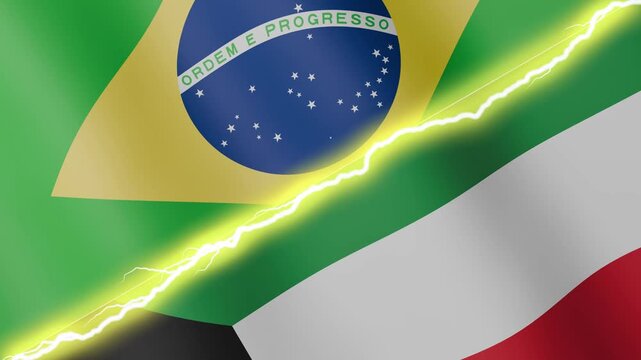 Two waving flags Brazil and Kuwait with diagonal lightning seamless, 4k loop