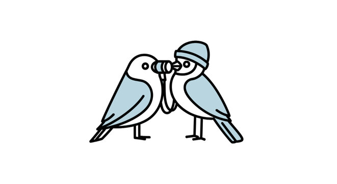 Cute bird wearing a beanie looking through a camera lens