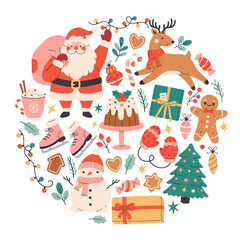Fototapeta premium Charming Christmas Elements: Santa Claus, Snowman, Festive Treats, and Winter Symbols in a Flat Design