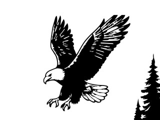 Obraz premium Detailed ink illustration of a bald eagle flying over mountains.