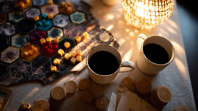 Two ceramic mugs of black coffee beside a hexagonal tile strategy board game with wooden tokens on a table in warm morning sunlight
