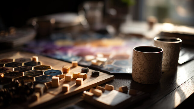 Hexagonal tile board game with wooden resource tokens beside two textured ceramic cups of coffee on a dark wooden table in warm light