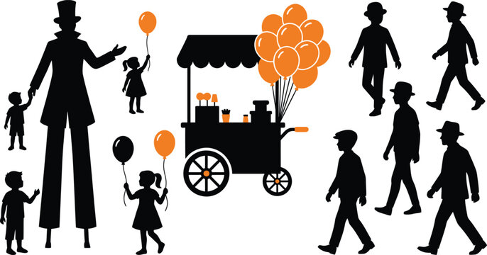 Circus Parade Icon Featuring a Balloon Cart with Child Silhouettes and Performer Shadows for Playful Party Branding