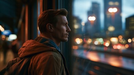 Fototapeta premium Man with backpack looking out window at city lights during blue hour
