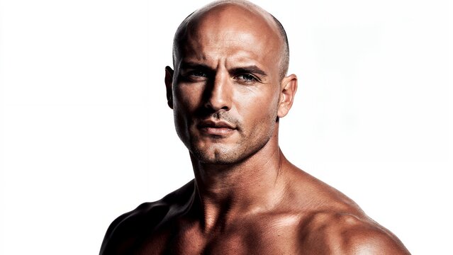 Shirtless muscular bald man portrait.