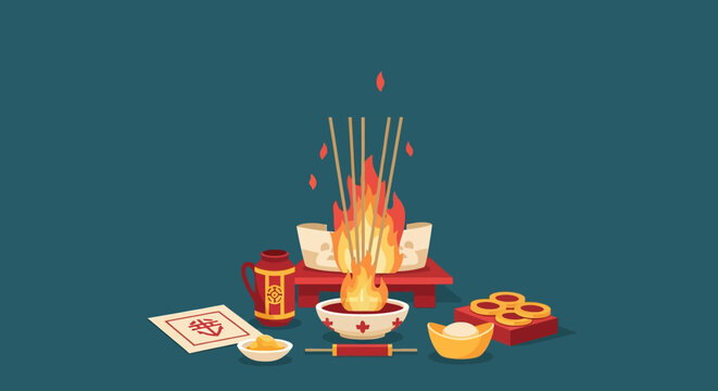 Sacred Paper Offering Burning in Nighttime Ritual Ceremony