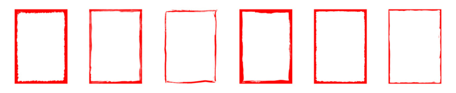 Set of six vertical distressed red rectangular frames, collection of rough jagged borders, isolated.
