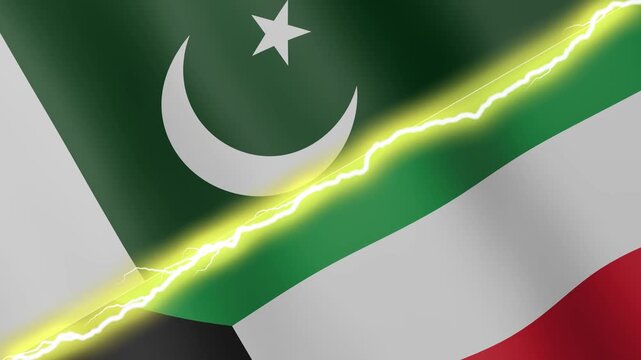 Two waving flags Pakistan and Kuwait with diagonal lightning seamless, 4k loop