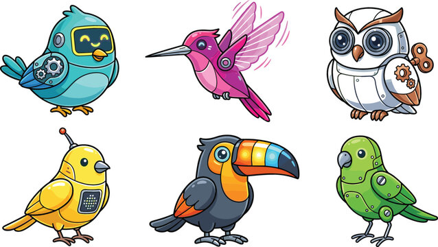 Set of cute robot bird cartoon characters with mechanical gears and electronic screens isolated on white background tech mascot vectors