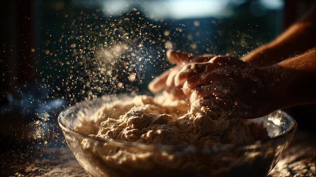 Flour dusted hands mixing sourdough dough in a glass bowl with a burst of flour caught mid air against soft backlit kitchen light