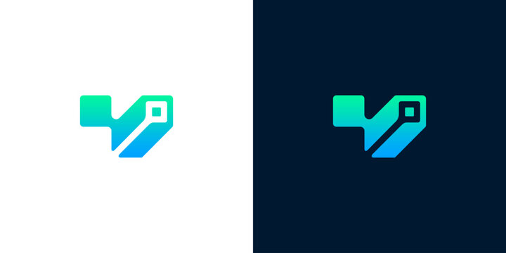 Sleek letter V logo design featuring a dynamic green and blue gradient, integrated with digital circuit elements. Modern graphic representing technology, connectivity, and innovative digital solutions