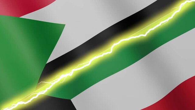 Two waving flags Sudan and Kuwait with diagonal lightning seamless, 4k loop