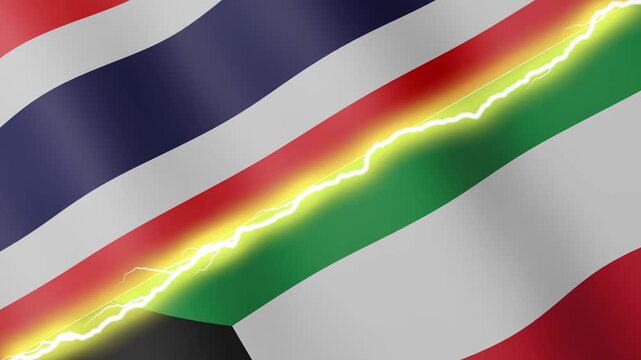 Two waving flags Thailand and Kuwait with diagonal lightning seamless, 4k loop