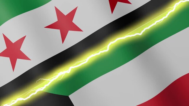Two waving flags Syria and Kuwait with diagonal lightning seamless, 4k loop