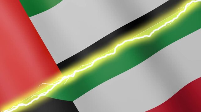 Two waving flags United Arab Emirates and Kuwait with diagonal lightning seamless, 4k loop