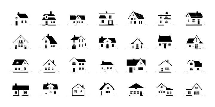Houses Icon Set with Various Architectural Styles and Designs Featuring Buildings, Homes, Real Estate with Residential and Modern Elements For