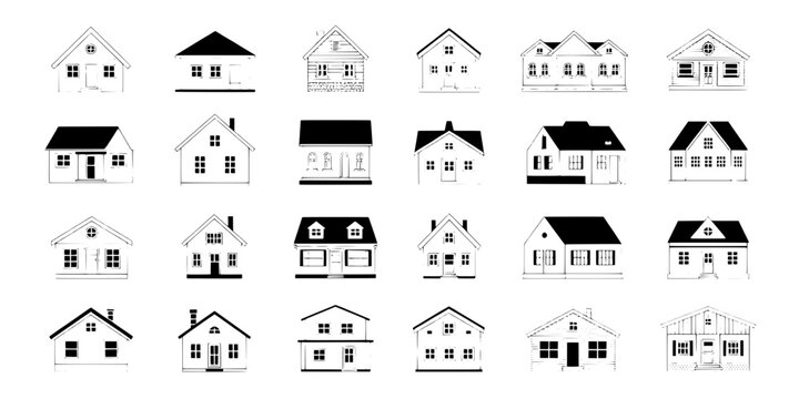 Houses Illustration Set with Various Architectural Styles and Designs Featuring Buildings, Homes, Residential with Modern and Traditional Elements