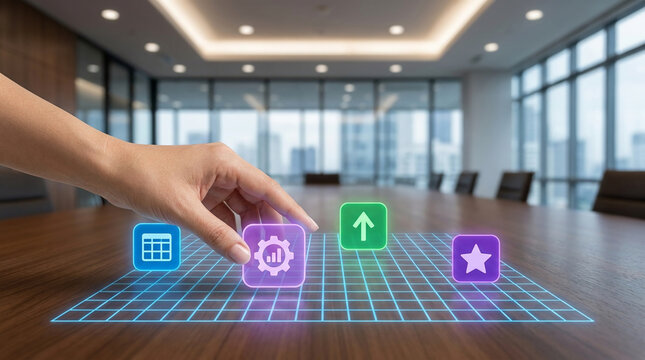 Business hand interacting with holographic icons and digital wireframe grid on conference room table for strategic data analysis and future planning.