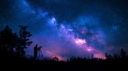 Fototapeta premium Lone observer beside a telescope silhouetted against the brilliant glowing core of the Milky Way galaxy rising over a dark meadow and trees
