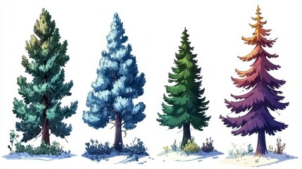 Obraz premium Four stylized evergreen trees in different colors.