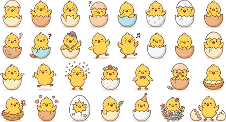 Cute Baby Chick Hatching from Egg Sticker Set with Funny Expressions, Nest, Party, and Adorable Poses for Easter and Kids Designs © Mifta