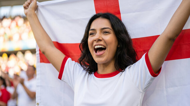 Excited English football fan cheering with England flag at stadium arena
