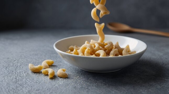 Dropping Spiral Shaped Cavatappi Pasta into a White Bowl on a Textured Surface