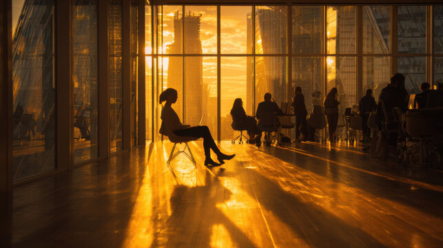 Silhouettes of business people sitting and working in a modern office building with large windows during a bright golden sunset with city skyline views in the background