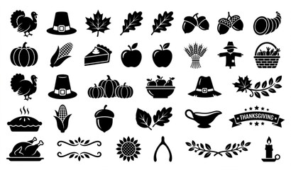 Thanksgiving black silhouette icon collection vector isolated on white background © MD ASHIK MIA