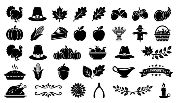 Thanksgiving black silhouette icon collection vector isolated on white background
