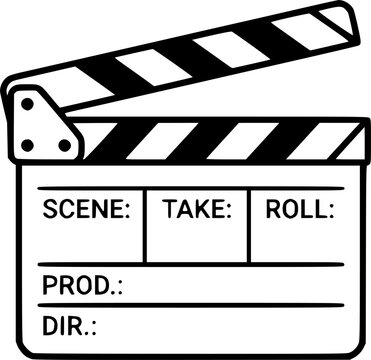 Minimalist black line drawing clapper board film icon isolated on white background
