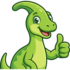 Fototapeta premium A cartoon green dinosaur gives a thumbs-up in a playful illustration.