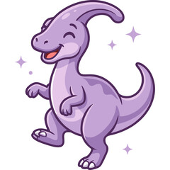 Fototapeta premium A smiling cartoon dinosaur dances with sparkles around it on a white background