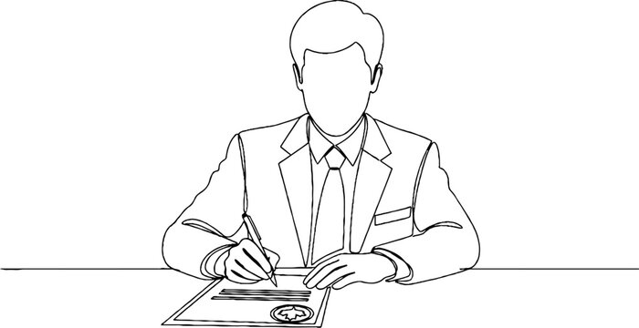 Businessman signing important documents at desk professionally.