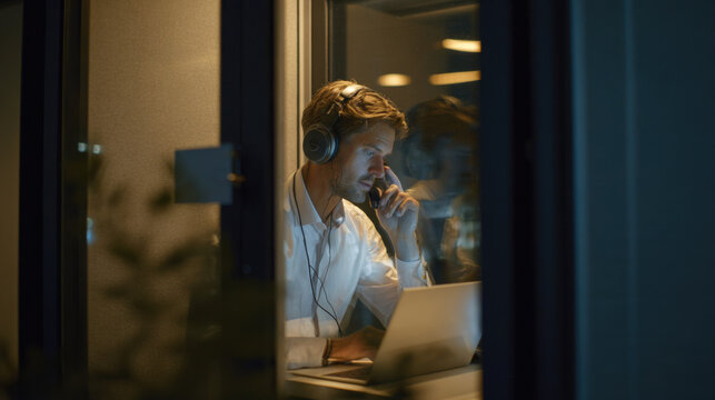 Young businessman using a laptop and wearing a headset while working late at night in a dark modern office building seen through a glass window from the outside