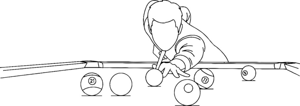 Person playing pool aiming cue stick precisely at balls.