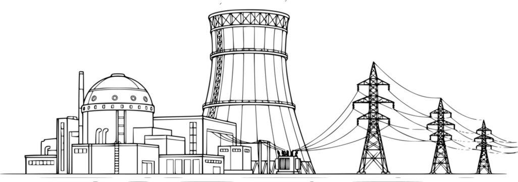 Line drawing of a nuclear power plant with cooling tower and transmission lines in a flat vector style isolated on white background
