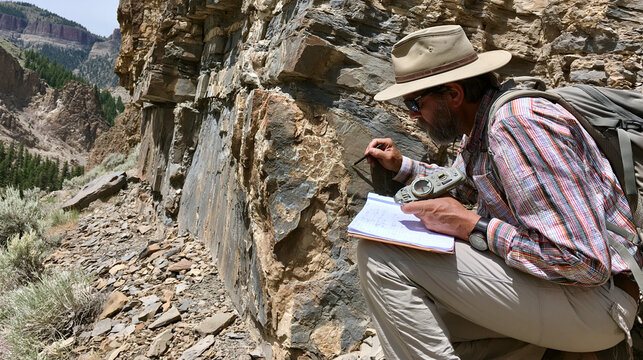 Geologist Doing Fieldwork in Scenic Mountain Ranges: An Adventure in Nature's Rock Formations