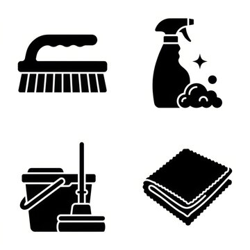 Essential cleaning tools including a brush, spray bottle with bubbles, mop in a bucket, and microfiber cloth.