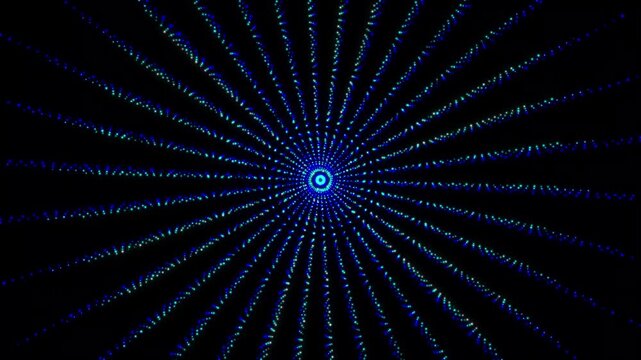 4K particle circle motion abstract background with colorful shining glowing dots, bright lines and smooth digital animation on black backdrop, seamless visual effect for creative media projects
