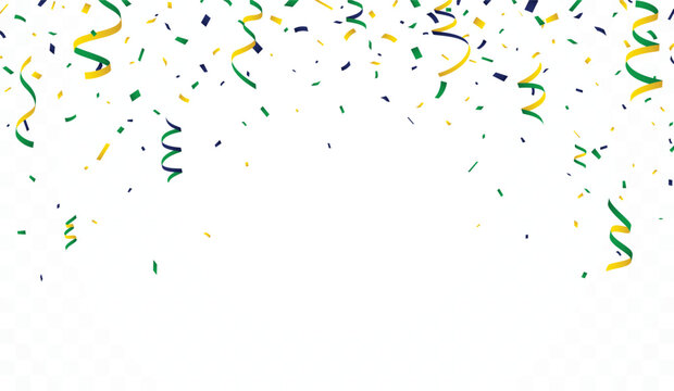 Falling brazilian celebration confetti, green, yellow and blue color template banner 