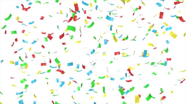 Vibrant colorful confetti falling on white background, abstract festive party celebration backdrop, bright multi colored paper rain, 4k ultra hd motion stock footage
