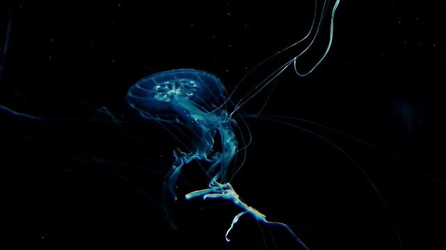 Bioluminescent jellyfish gracefully drifts through dark ocean depths with glowing tentacles