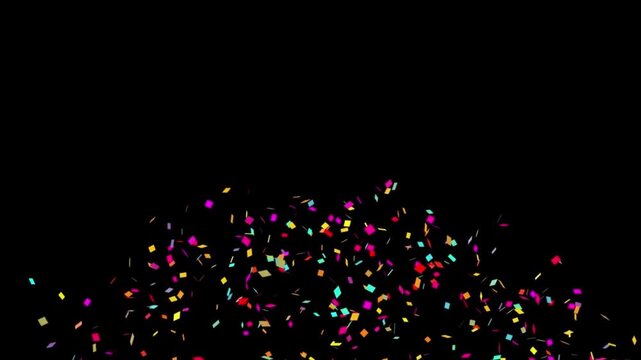Colorful confetti explosion on black background, vibrant festive party celebration burst, abstract multi colored paper rain, 4k ultra hd motion stock footage