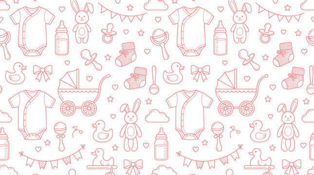 Hand-drawn newborn baby shower essentials seamless pattern in outline style for print and web