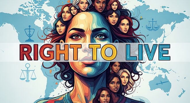 Artistic collage of diverse women faces over map background illustrating rights of humanity now.